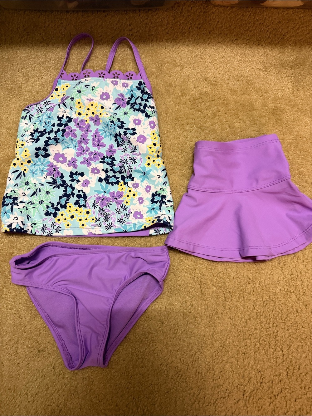 ZeroXposur Girls' Purple Floral Tankini Set with Lilac Skirt & Bottoms